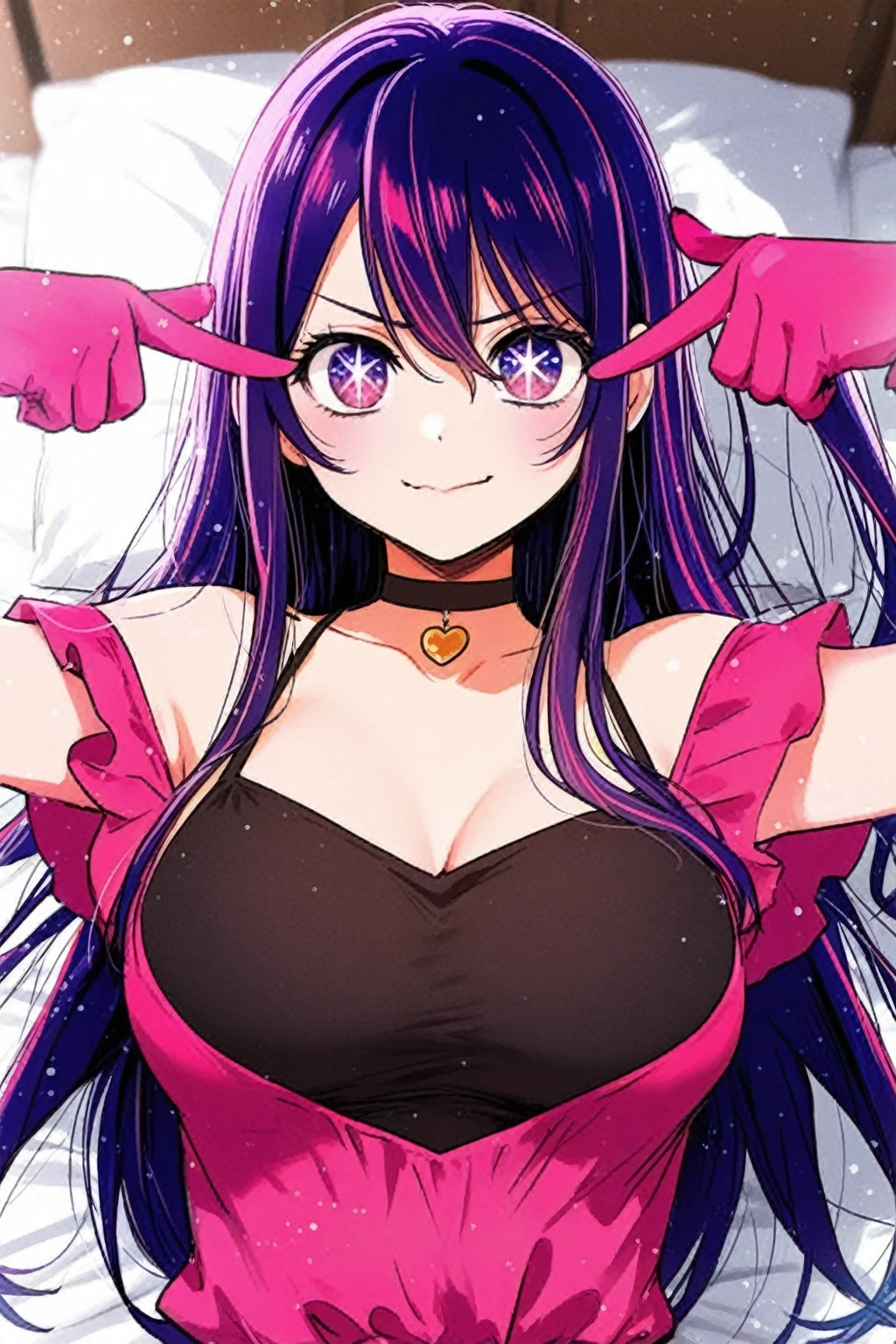 ​masterpiece、ighly detailed、(1 girl in:1.2)、purple color  hair、pink  dress、big eye、a closeup、a smile、8K、Ai Hoshino、Live performance venue、