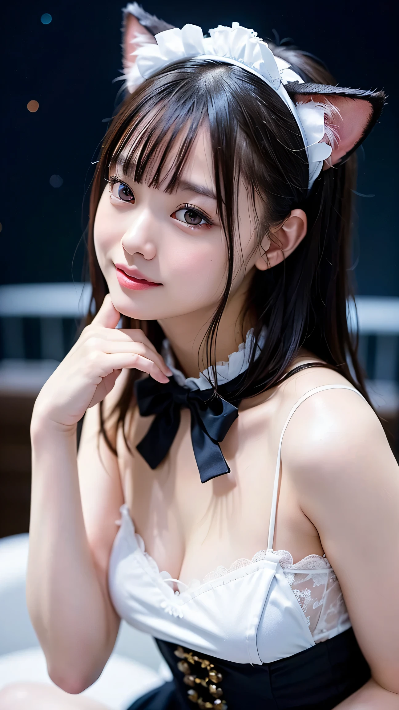 Best quality, masterpiece, ultra-high resolution, 8K, (reality: 1.4), RAW shooting, most detailed face, very detailed and perfect anatomy, live photography; most beautiful face; shining skin; one 18-year-old Japanese.My bangs and eyes are big and cute.It has brown eyes, gentle eyes, long brown hair, a young face, and a large chest.E-cup. Look at the audience.angelic smile.Cosplay, cat ears, cat cosplay,
