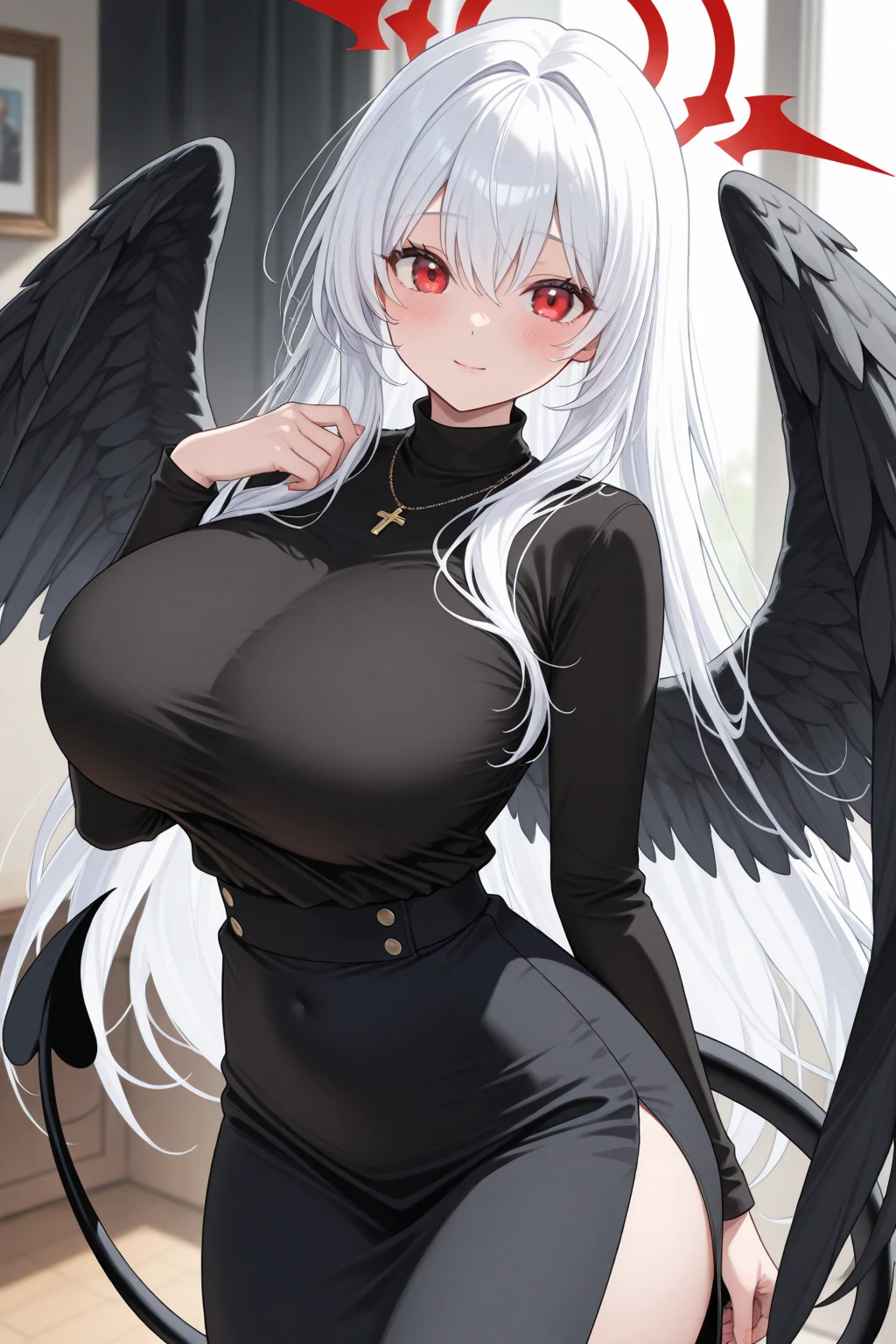 al1, demon horns,white leotard,cameltoe,bare shoulders, detached collar,large breasts, cleavage,black wings, feathered wings, low wings,