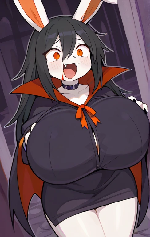 1 girl, mature girl, elf ears, vampire queen, long black hair in ponytail, red eyes, grinning, evil smile, undersized bra, huge breasts, skindentation, cleavage, underboob, sideboob, bursting breasts, massive breasts, huge breasts, thicc, chubby body, chubby girl, 8k, highres, ultrasharp
