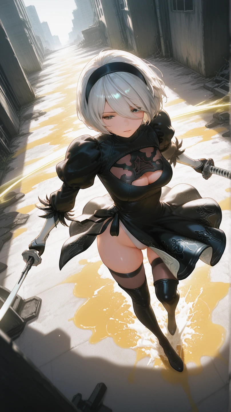 ((Masterpiece, top quality, high resolution)), ((highly detailed CG unified 8K wallpaper)), (huge stunning goddess shot, very hot and sexy, jaw-dropping beauty, perfect proportions, beautiful body, slim body beauty:1.1), depth of field, short hair, white hair, solo, wearing ornate armor, gold trim, fighting stance, , closed mouth, holding sword, glowing sword, abandoned city, old building, type2b, black_blindfold, black_hairband, feather-trimmed_sleeves, action shot, extremely detailed,