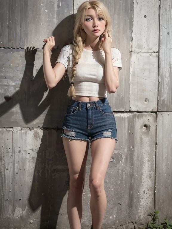 Lisa light yellow long hair, Lisa face shape, wasteland punk style, wearing loose deconstructed bottom knit, khaki torn deconstructed lace-up knit, white underwear, sexy, open waist, khaki pleated skirt, long legs, black gray tone, background loess ruins, masterpiece, superlative, realistic, HD, photographic lighting, 16k