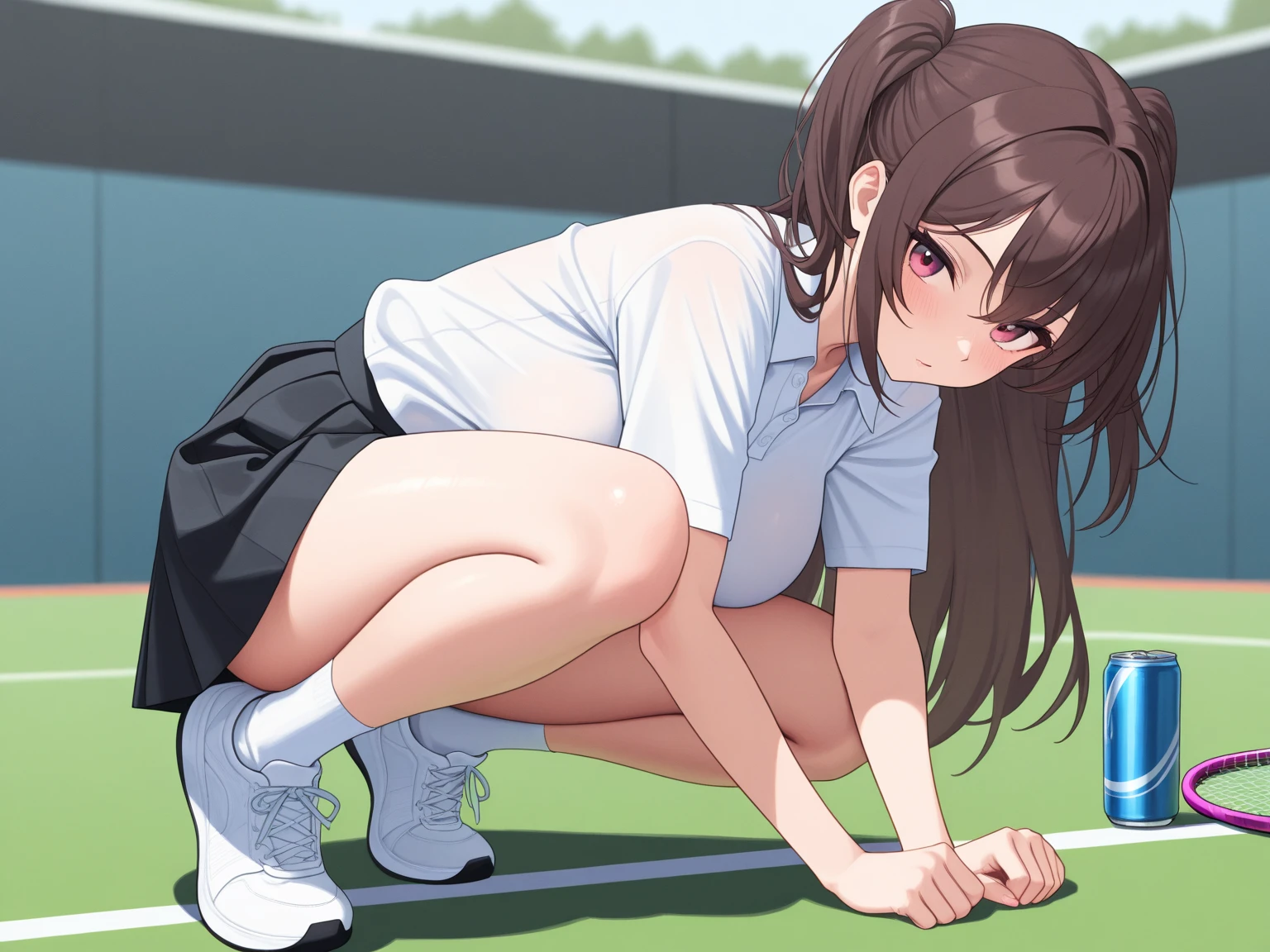 ((best quality)), ((Masterpiece)), (details), perfect face, realistically, hair ornament, outdoor, track field, daytime, lightray, glitter hair, brown eyes, glowing eyes, white short skirt, micro skirt, see through panty, ((pussy)), Blush, daytime, Wet, (see through), sleeveless shirt, armpit, 14 years old, ((big smile)), lying down with face up, (((playing tennis))), mikan, masterpiece, highest quality, Highest resolution, highest detailed face, perfect hands, perfect anatomy, lift her hands, ((spread armpit)), arm raised, (((tennis dress))), (full body view), spread legs little, red sport shoes, tieing hair, small breast, oversize shirt,