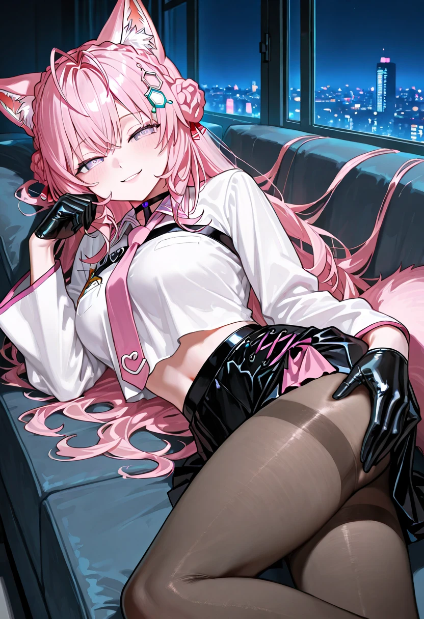 A catgirl named Harifes who is 15 and has a nice body and likes simple clothes, She has short hair that is pink and blue which are her favorite colours, Detailed image
