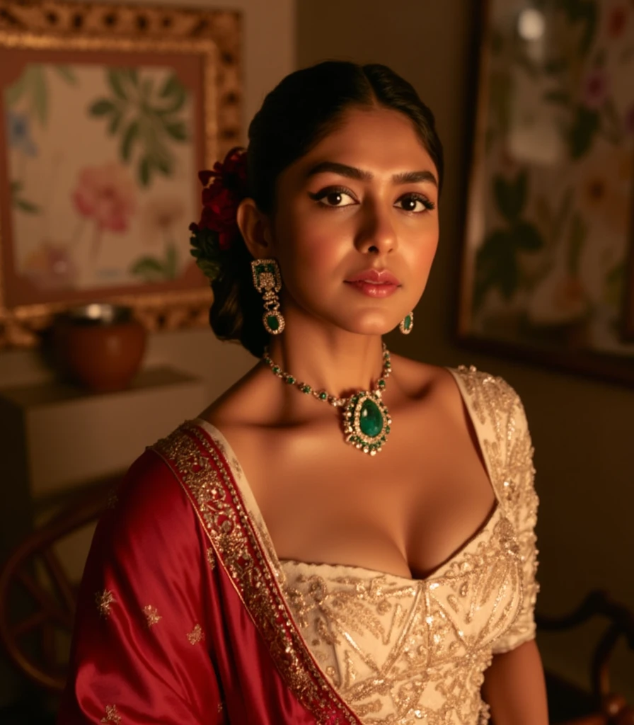 masterpiece, 8k, detailed, photorealistic, woman, indian girl, tan skin, large thighs, indian traditional clothing, bra, nightgown, hand inside panty, hand on chest, beautiful face, detailed eyes, detailed lips, portrait, hyper realistic, cinematic lighting, dramatic shadows, vivid colors, intricate details, ornate jewelry, intricate patterns