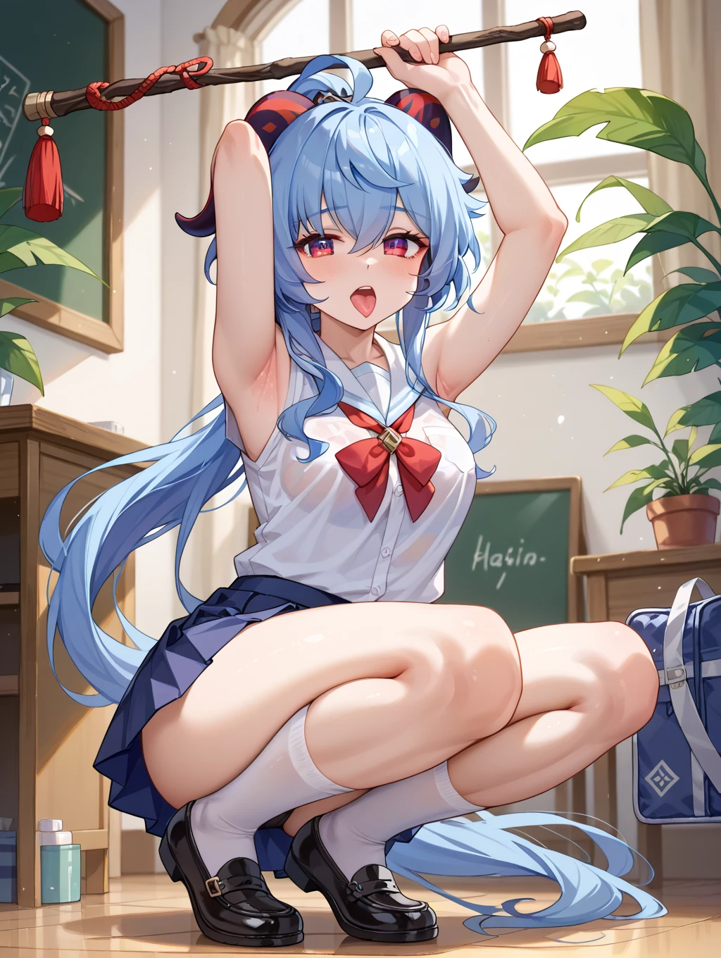 score_9,score_8_up,score_7_up,Ganyu,sitting on desk, desk on background,crossed legs,silver heels,black pantyhose,golden lines on pantyhose,white shirt,white jacket,red tie,student,carrying leash,seductive pose,seductive expression,pleasure face,happy,detailed eyes,heart shaped pupils,classmates on background,horny,blush on face,strict expression,mocking smile,dildo on desk,luxury student clothing,luxury girl,rich girl,luxury clothing,large_breasts