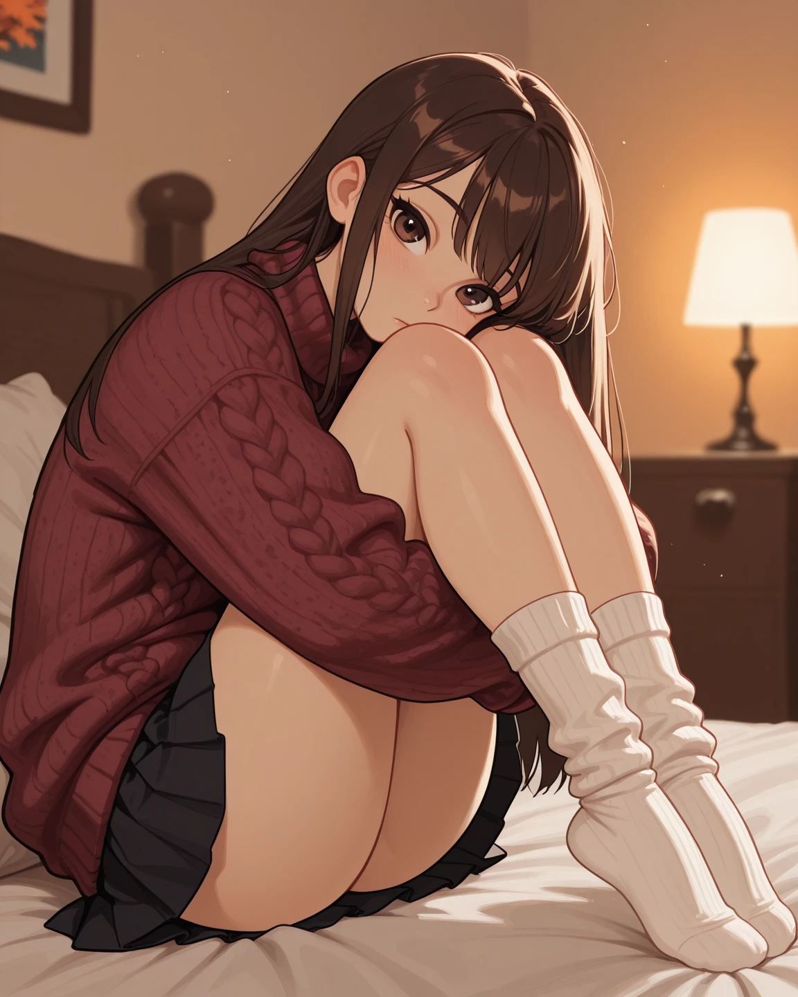((masutepiece, Best Quality, hight resolution, nffsw, Perfect Pixel, 4K, nffsw, nffsw))), 1girl in, Single, Solo, Beautie、full body seen、 ((Middle Wave Hair, Bangs, Brown hair)), ((Brown-eyed, Beautiful eyelashes, Realistic eyes)), ((Detailed face, Blushing:1.2)), ((Smooth texture:0.75, Realistic texture:0.65, Photorealistic:1.1, Anime CG style)), medium breasts, Dynamic Angle, Perfect body, (Santa Claus Costume、Red knitted hat、red and white off shoulder sweater、red and white flared skirt、Black garter stockings)、耳环、a necklace、sitting down on the floor、Pink panty、luxury hotel christmas party、 no-bra、(rub one's breasts)、、、, Lying down with a panicked smile.、、((((All naked、All Nude))))(((All naked))))(((Spread your legs wide open and show your genitals)))