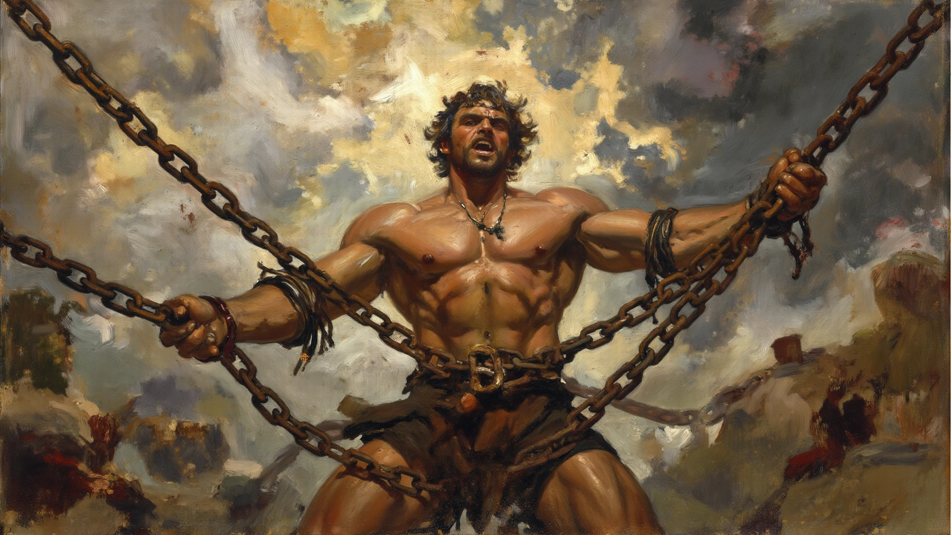 an old man,beard,blond hair, Long Hair，muscle，anger, loincloth, In a cage, slave, Chained, good looking, Facial blemishes, Squeeze the face, Red eyes, Two hands, Tattoo on the forehead, many chains, Chained on neck