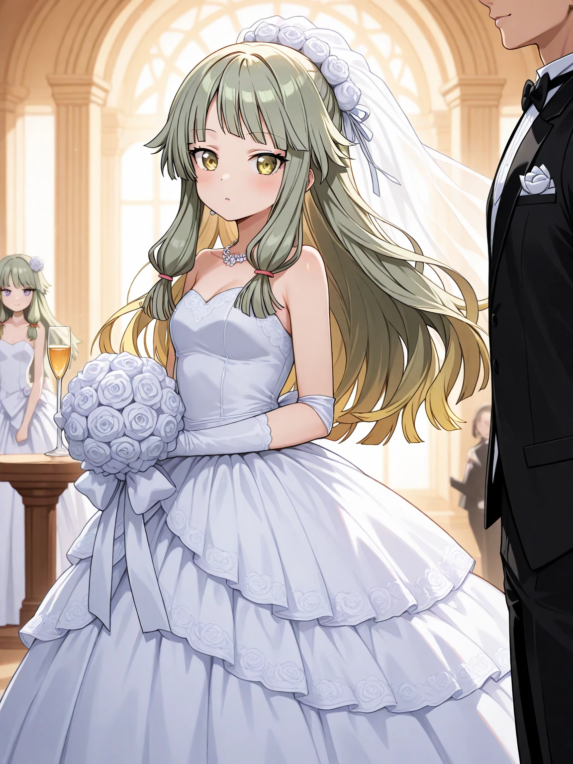 (in hotel, masterpiece, best quality:1.2), 1girl, (modify body, pregnant), waving hair, ((elbow gloves)), wedding, marriage ceremony, 
BREAK
1boy, handsome, gorgeous suit