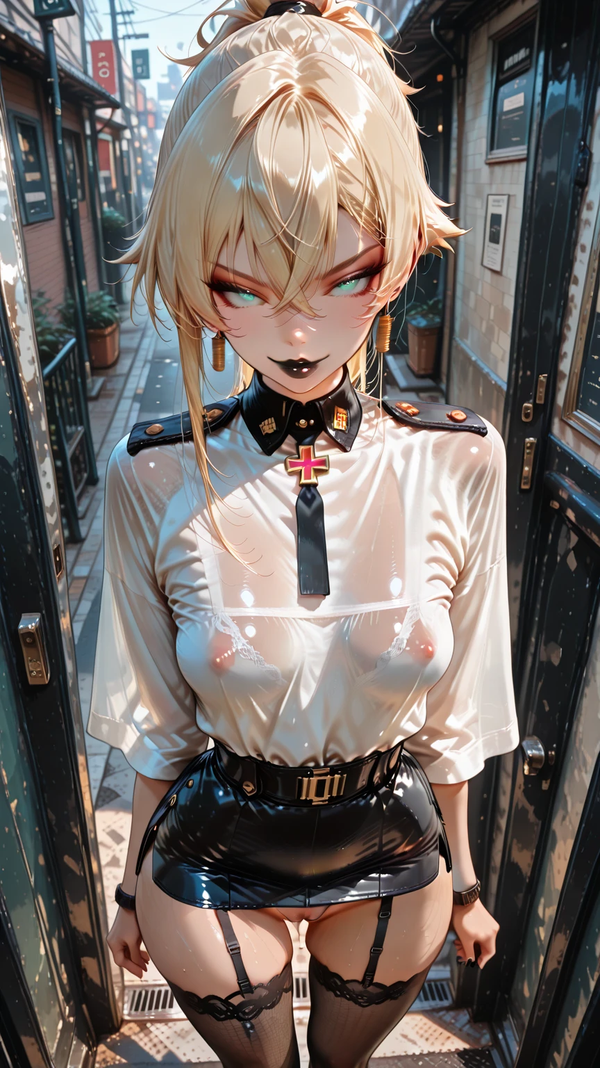 young boy, blonde hair, Bob hairstyle, blue eyes, black skintight clothes, Gold Chains, Cat's ears, Masterpiece, hiquality