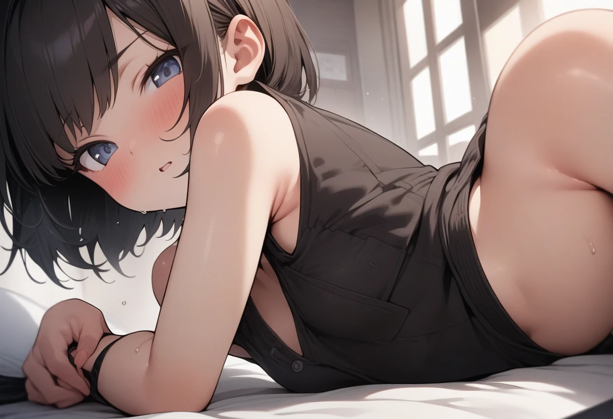 Best quality, (connected_dicephaly:1.1), (2 heads:1.1), 1 girl, One, black dress, White running shoes, Brown hair, green eyes, absurd.