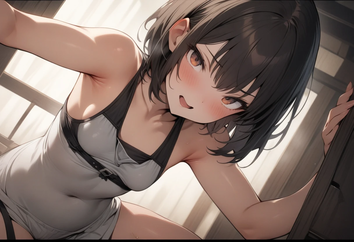 ((highest quality)), ((masterpiece)), (detailed), Perfect Face girl barefoot detailedな足 detailedな足指 Brown Skin Tanned brown skin Reddish brown skin Place your hands behind your head. Crouching