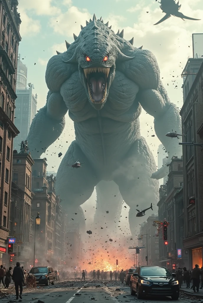 furry growth, hyper growth, hyper muscles, a giant godzilla, shirtless, white shorts, muscular, destroying a city