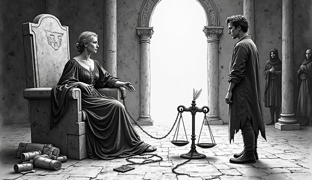 a black and white drawing of a statue of a man and princess woman and man in a place