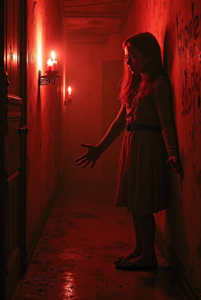 Faceless form looming in haunted hallway, Global illumination, Gorgeous splash of vibrant paint, "Nostalgic  WORKS，Horror horror，Spooky and terrifying，Weird twist，darkly，contortion，onmyoji-style ，bblurry，Paint brush strokes，Dense lineessy dress ，sad girl Twisted body，Bloody details，Horror scenes，Confusion，Creepy candles，A suffocating tension，ghost，Deep dark circles，girl 
 standing in dark ，blood every where ，supranatural，The girl ，Hint at terrible events，suspenseful，Unidentified creatures in dark cornerysterious events，Nightmarish picture。" 