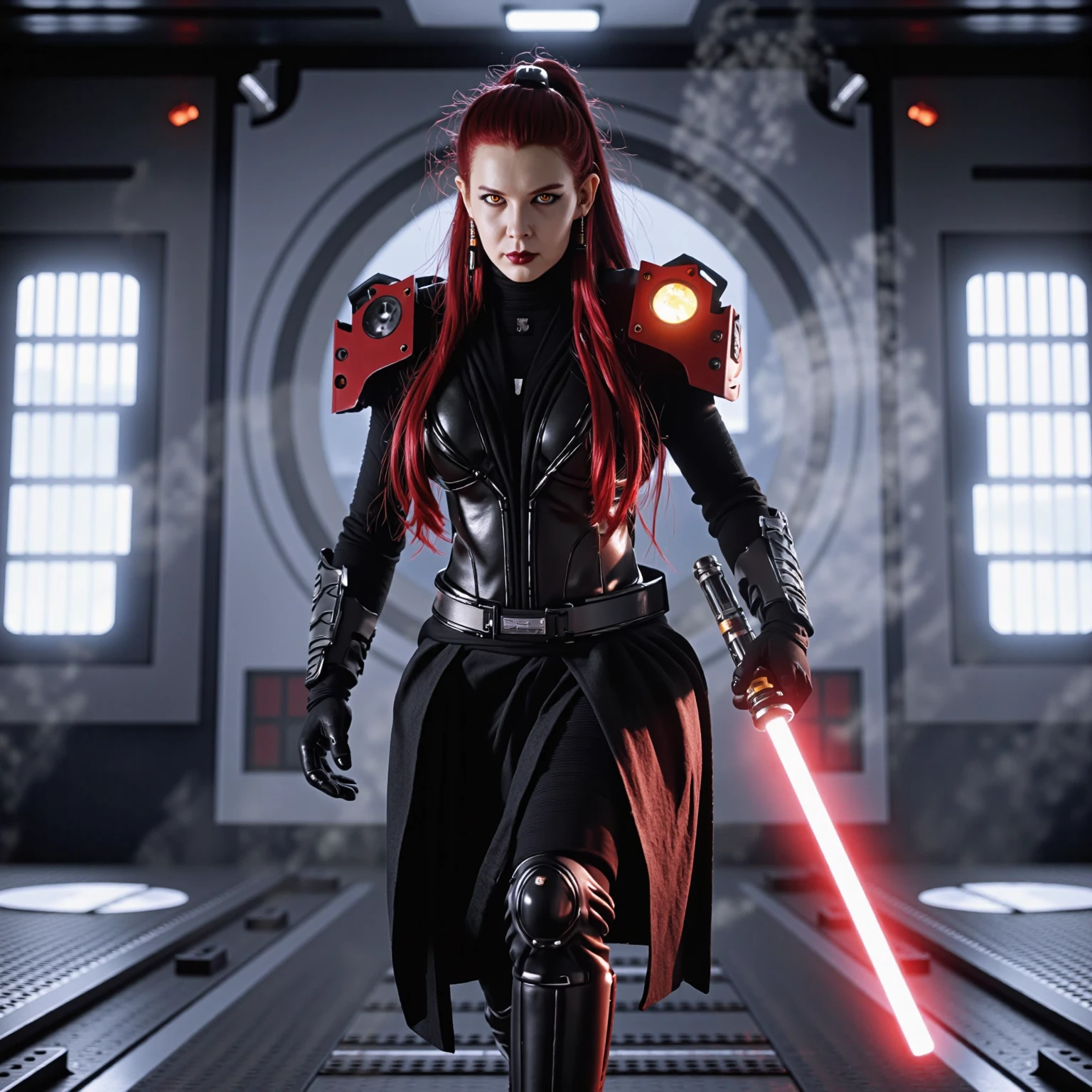20 year old, woman with very pale skin, long red hair tied back, wearing a hooded black cloak, tight black trouser and a black leather crop top, holding a red lightsaber. Crouching down. Behind her is molten lava and rocks