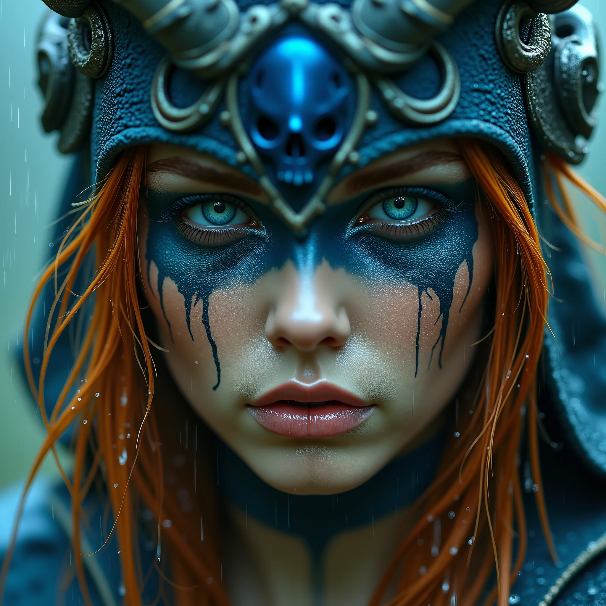 Close-up of a woman's face, beautiful, redhead, long messy hair covering part of her face, making her even more beautiful. Light blue eyes, long eyelashes, light makeup, beautiful face, side image looking at the camera with curiosity in her gaze, thick pink and moist lips, lips half-open. On her head she wears a helmet with black and brown horns, twisted black ram horns, helmet with fangs and a skull, she is a wild warrior. On her face she wears blue war paint that she has applied with her fingers. She is an epic fantasy warrior of the Picts. Sardonic smile while continuing to look at the camera. Behind her, an intense rain and humidity, which makes her beautiful red hair stick, a drop of water on her skin, intense rain that makes the beautiful woman more precious and wild.