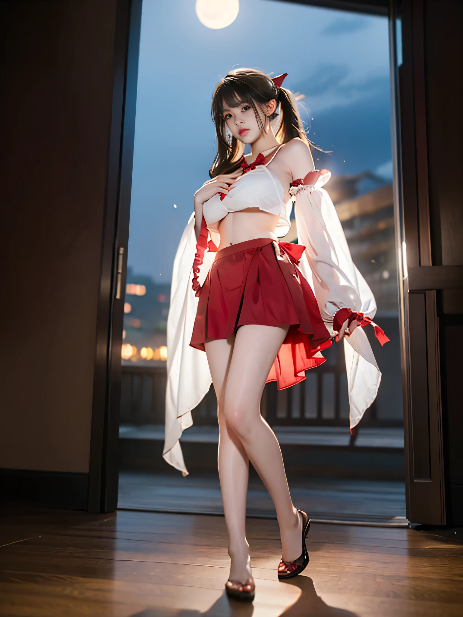 The fire spirit that matches the original painting of Sailor Moon, delicate face, purple bow, Sailor Mars Fournore, whole body, Japanese sailor suit, White V-neck top, High-waisted red short skirt, The skirt covers the butt, Flesh-colored oily stockings reaching waist, white combat gloves, samurai costume, blouse, , gold trim, Star brooch, Front split design, Wear a red bow on your head, combat gloves, white high boots, flame pattern shin pads, Belt detail, High quality texture, bright colors, Original comic character settings, Men have small waists ,, golden ratio, Tall and long legs, vivid expression, charming eyes, Delicate and soft skin, long black hair, Dynamic hairstyle, Smoky makeup, Colorful background, shining starry sky, Colorful cityscape, HD details, Beautifully rendered, three-dimensional, realistic images, The use of light and shadow, big watery eyes, (Blade eyebrows: 0.1), (high nose bridge: 0.6), (Smile: 0.6), Long red hair, (big breasts: 1.1), red eyes, Sexy, (big ass), See-Through Cardigan, Slim, (masterpiece: 1.2, superb), actual, skinny, 22 years old, (Real shot, Carefully crafted, depth of field), (1 girl, alone), cosmetics, noble, elegant, blush, dignified, proudly, confident, (Fair and shiny skin), Mature, (thin), (big ass: 1.3), Bonnie, (Little mouth), black super long hair, wet, red bow on clothes, golden tiara, ultra high definition, 8k, Best light and shadow, best shadow, depth of field, Many colorful bubbles, Elevation, The visual effect of showing longer legs, (extend legs: 1.2), Perspective enhancement, Kicking action, Fire effects, seaside, sunny, Water ripple refraction, Character standing in the dojo