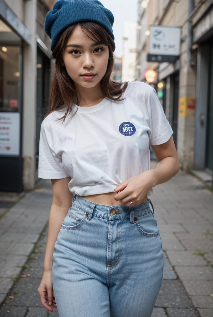photo d'une jeune fille de 21 ans dans un milieu urbain en tenue casual avec du monde en arrière plan, elle regarde sur son coté gauche, elle a les jambes légèrement croisé, avec un léger sourir    