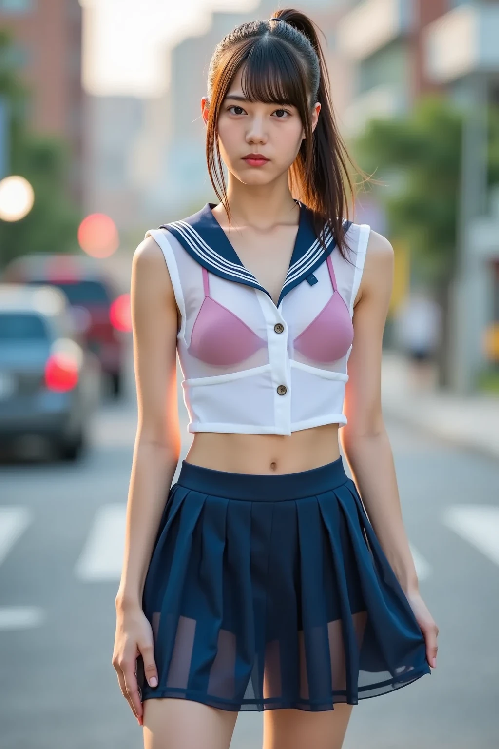 (1 lady), (Best quality at best:1.4), (ultra - detailed), (extremely detailed CG unified 16k), A Beautiful Woman with Perfect Figure: 1.4, Sharp Focus: 1.2, very detailed, High-definition RAW color photo, professional photoshooting, amazing face and eyes, cosmetics, (amazingly beautiful girl), ((Sonozaki Shion)), ((yellow ribbon, white shirt, blue necktie, blue skirt, black kneehighs)), standing, fashion posture，(Stylish urban landscape, day light), (look from down), realistic cinematic face, head to feet long wide zoomed out view, full body long view, photorealistic, ((realistic natural green hair style, green eyes, long hair)), gorgeous, extremely beautiful face, perfect model beauty, pout mouth, Highly Detailed Face and Skin Texture, Detailed Eyes, Double Eyelids, Big Breasts, Smile, cleavages, western, (masterpiece), best quality, high resolution, extremely detailed, detailed background, depth of field, cinematic lighting, amazing legs, clear and well-cared skin, (((woman occupies most of the picture)))