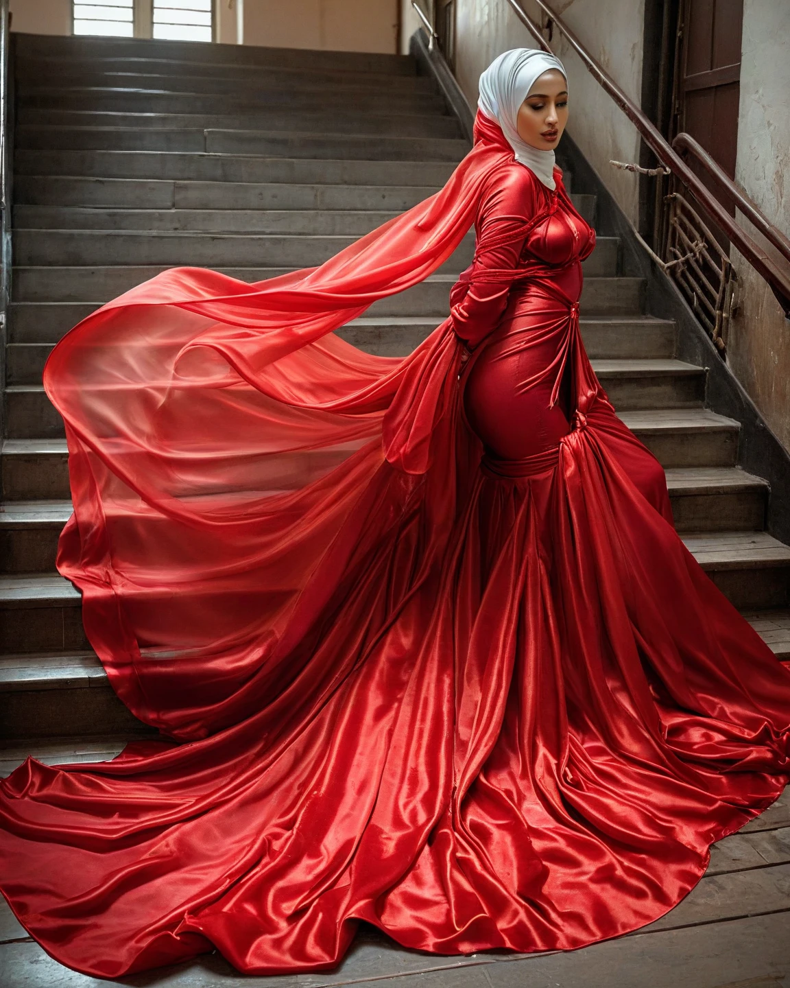 Woman in flowing, extra-long red mermaid gown, struggling to walk as the tight, satin fabric catches on something, corseted waist accentuated, modern hijab gracefully resting atop her head, double trains of fabric cascading behind her, reaching 4 meters in length, high heels barely grazing the floor, glimpses of strain as she attempts to free her gown, in ultra realistic, dramatic lighting, digital painting
