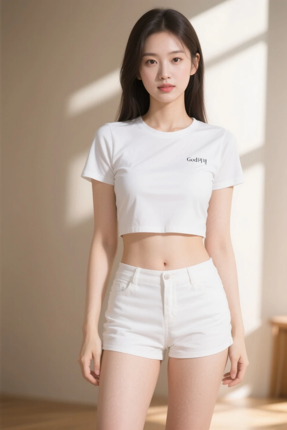 Girl in white shirt and tight denim skirt posing for photo, full body, legs spread, cut t-shirt, bra, slim body, small bust, slim girl model, 24 year old female model, lying down, shy, skin wet, sweating