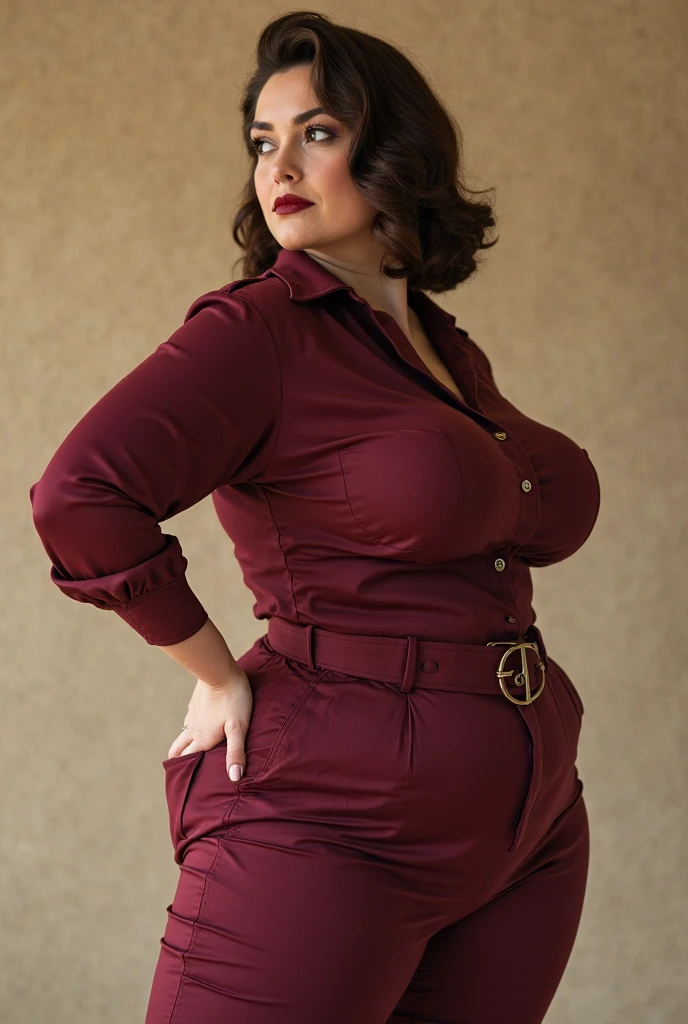 A beautiful and hot almost chubby mature woman wearing a red jumpsuit with a black belt, along with long black lace-like stockings and a red jacket.  And standing in a snowy city and in an almost clear sky.  a smiling face. Brown eyes, Brown hair, short hair, Pompadour, upturned nose, swollen lips