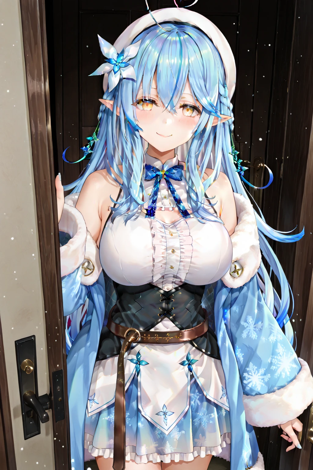(masterpiece:1.3), (absurdres:1.3), (best quality:1.3), (ultra-detailed:1.3),(best shadow:0.7), (handled hair), pureerosface_v1, perfect anatomy, 1girl, solo, large breasts, cleavage, virtual youtuber, yukihana lamy, pointy ears, long hair, heart ahoge, hair flower, blue bow, blue bowtie, print skirt, sleeves past wrists, clothing cutout, blue skirt, zettai ryouiki, snowfield, snowflakes, snow forest, gradient hair, gradient eyes, shiny skin, shiny hair, sleeveless
