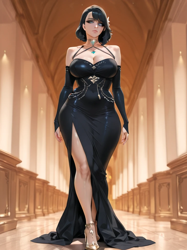 bruxa linda, sensual, seios grandes, sexy, vestido high-slit dresses black transparente fantasia medieval de feiticeira, 8k, alta qualidade, HDR, olhos amarelos, cabelos longos negros, pele vermelha, sorriso encantador sensual,