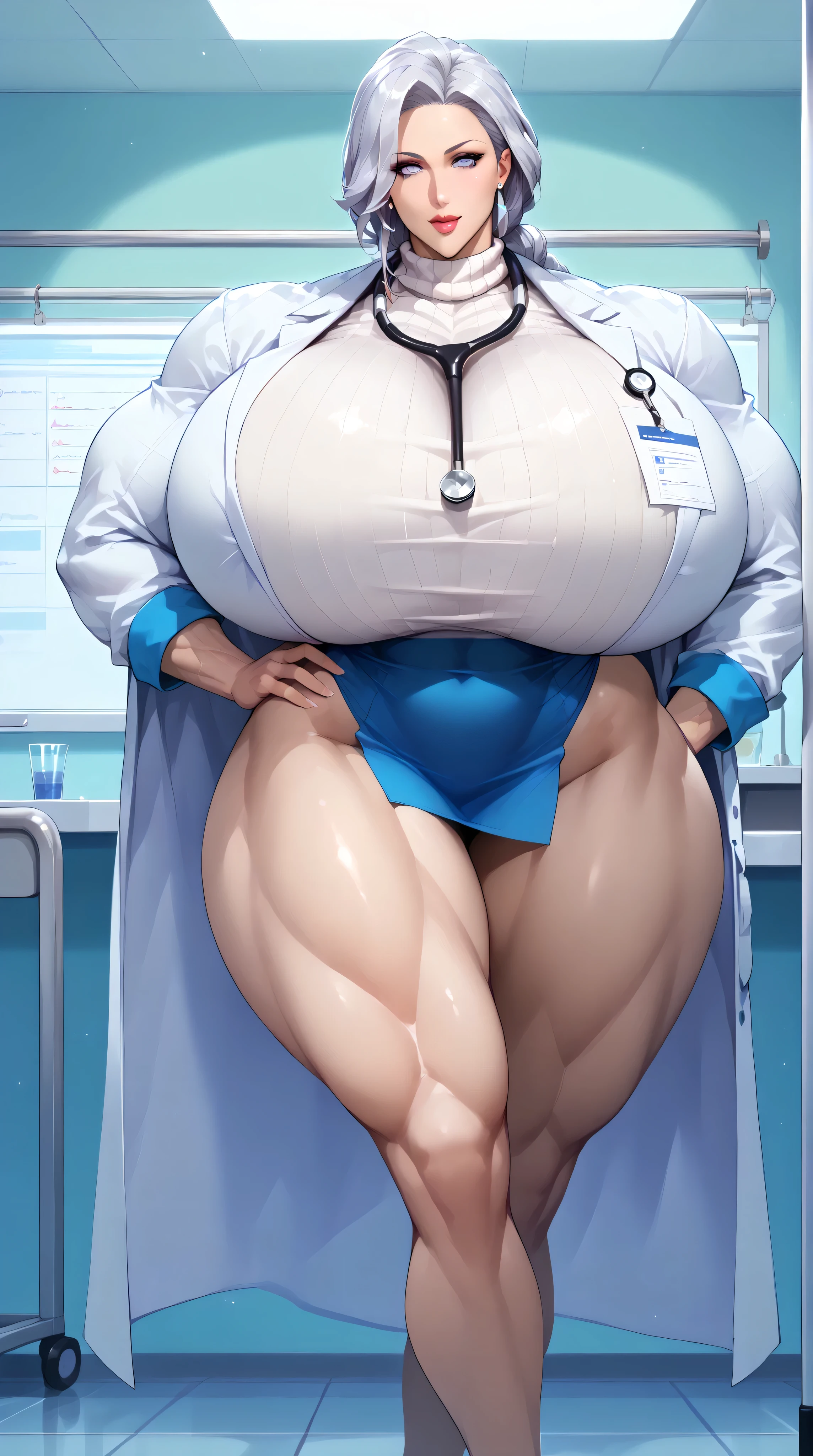 hospital, latex nurse suit,nurse,busty,gloves,labcoat,silver hair woman, azure eyes , gigantic boobs ,medical instruments,asian nurse,two nurses,speculum,examination room,oversize boobs,mask ,big ass ,strap on