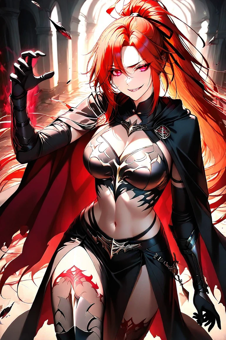 best quality, masterpiece, 1 girl, devil girl, smiling, (red colored skin:1.2), (bright red eyes:1.3), (black devil horns:1.4), long hair with bangs, tattooed body, black and red bikini with cloak, (flying in the night sky, clouds:1.5), (medium breast, under boobs:1.2)