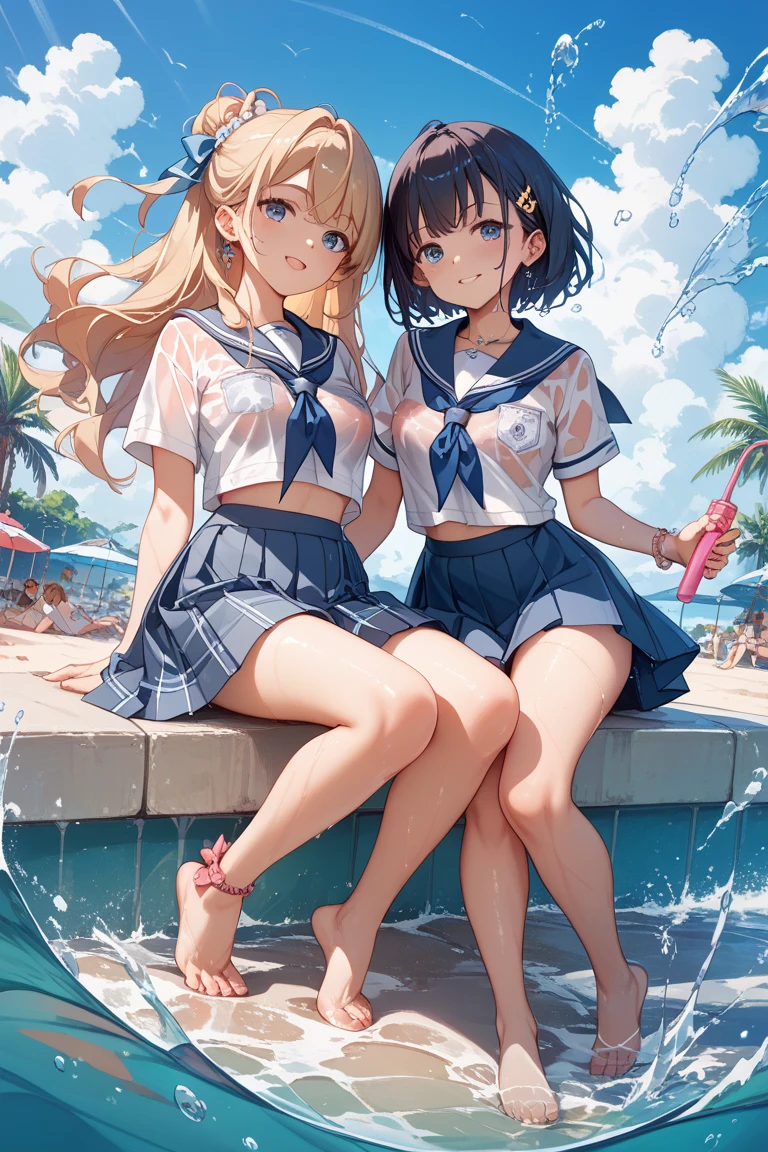 1young_teen_girls、loli、brown_hair、short_ponytail, long_bangs、blue_midriff_baring_sailor_uniform、mini_skirt、short_sleeve、thighthighs、big_tits, sleepy, Sorrisos、open_mouth、dynamic_pose, childlike_posing ,harbor,dock_background、spread_legs、happiness、NSFW、short_gloves, (wet:1.4),transparent,covered_nipples, covered_crotch, under_tits, sweat, bare_thighs, large_ass, covered_anal, back_view,
