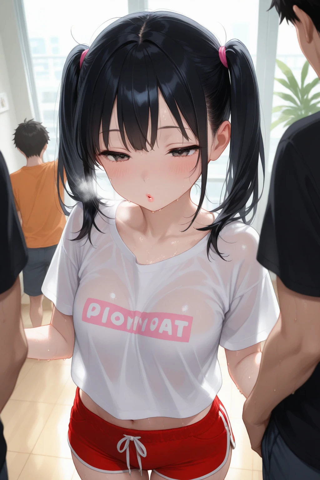 masterpiece, best quality,anime style, 1 girl,(((slender body))), (((small eyes,small breast))),(((gym uniform))),(((((3 monkey grabbing the girl))))),((((cum facial)))), (beautiful face), (((short hair))), (((straight hair))), ((((black hair)))),detailed beautiful skin, (perfect hands, perfect anatomy)