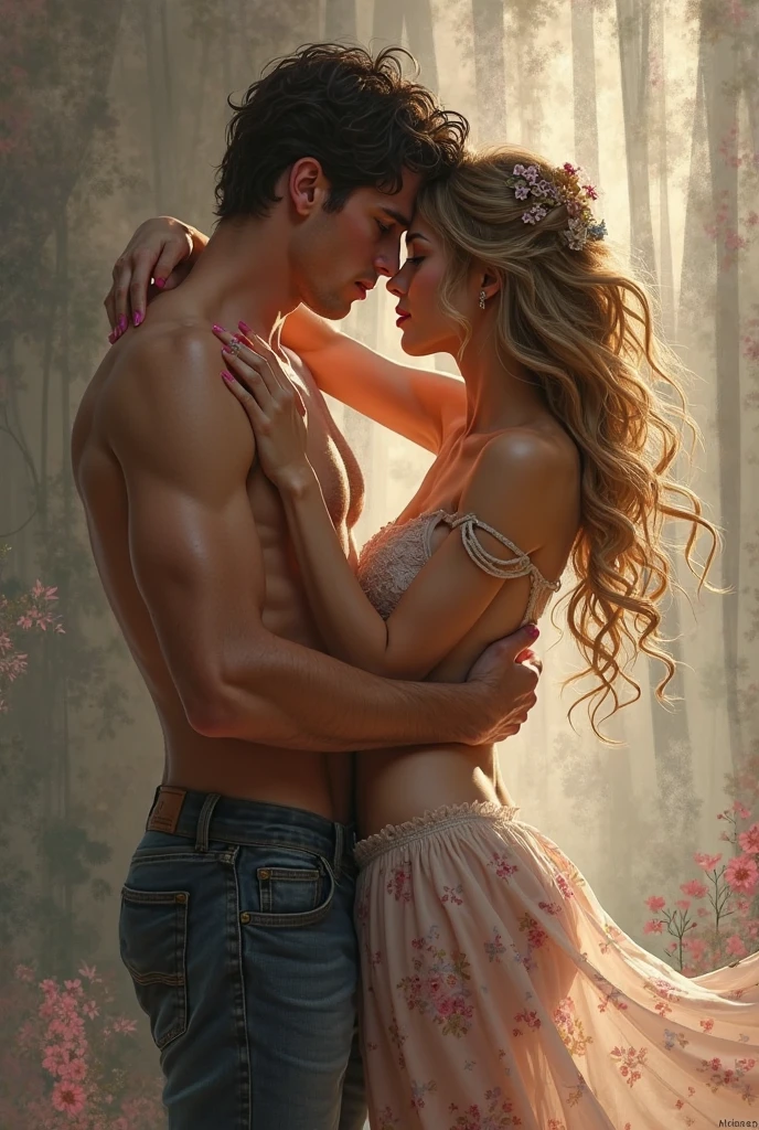 (realistic photo) Naked man and naked blonde woman 