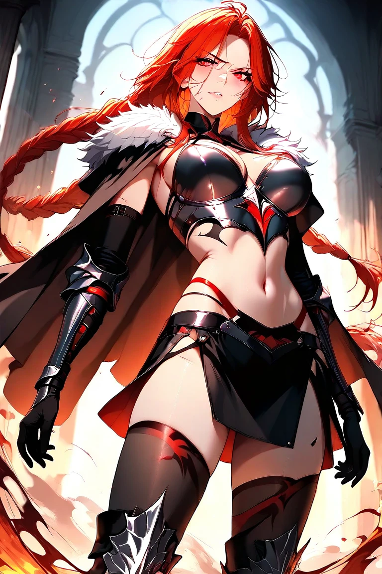 Izayoi (blazblue), orange eyes, red hair, ponytail, long hair, Small breasts, armor, bodysuit, boots, skin tight, skirt, thigh boots, thighhighs, 1girl, solo, facing viewer, looking at viewer, upper body, smile, sitting
spread legs,