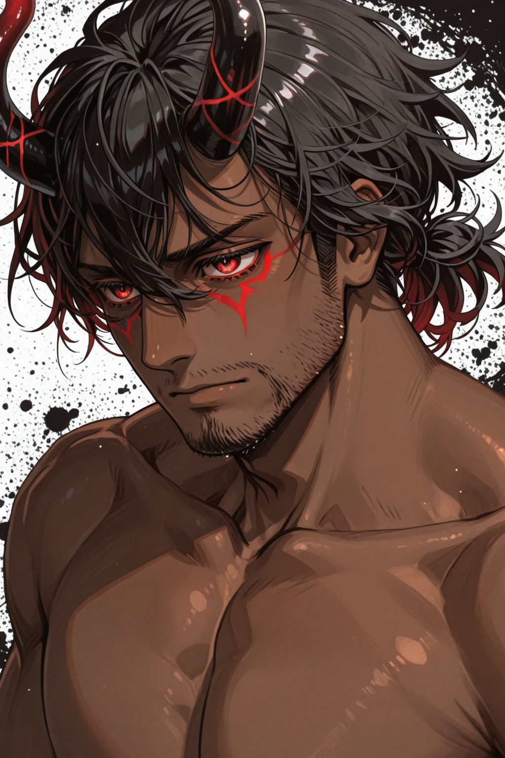 Male, standing at 5-foot 9-inches (175.26cm) with a face that even top supermodels could only wish for, albeit with a small scar on his cheek, he was just wearing a plainwhite short-sleeve shirt with gray-cargo sweatpants, his tight shirt vaguely showing the subtle outline his 8 toned abs and toned broad shoulders making a perfect V-Taper aligned with his slim waist, he had pretty large forearms and his arms (including biceps) were unreasonably shredded, perfectly sculpted, also having great muscle definition, and a Strong - Extremely Athletic Physique, he had Fluffy - Wavy Strawberry-Blonde hair with a Double-Eyebrow slit, he had Deep-Blood Red eyes, but they were covered, due to his hair being messy, with Fluffy - Wavy Locks falling over his face, his hair reaching just past his ears, his skin being a soft color of fair (Pale-Ivory), with glass-like skin complexion, his thick veins could be seen subtly in his arms and his neck, though, his lips slightly parted, he also had a Rosegold - White Cross left ear-piercing, hair over eyes, One Male, Masterpiece, Best quality, Very aesthetic, 1boy
