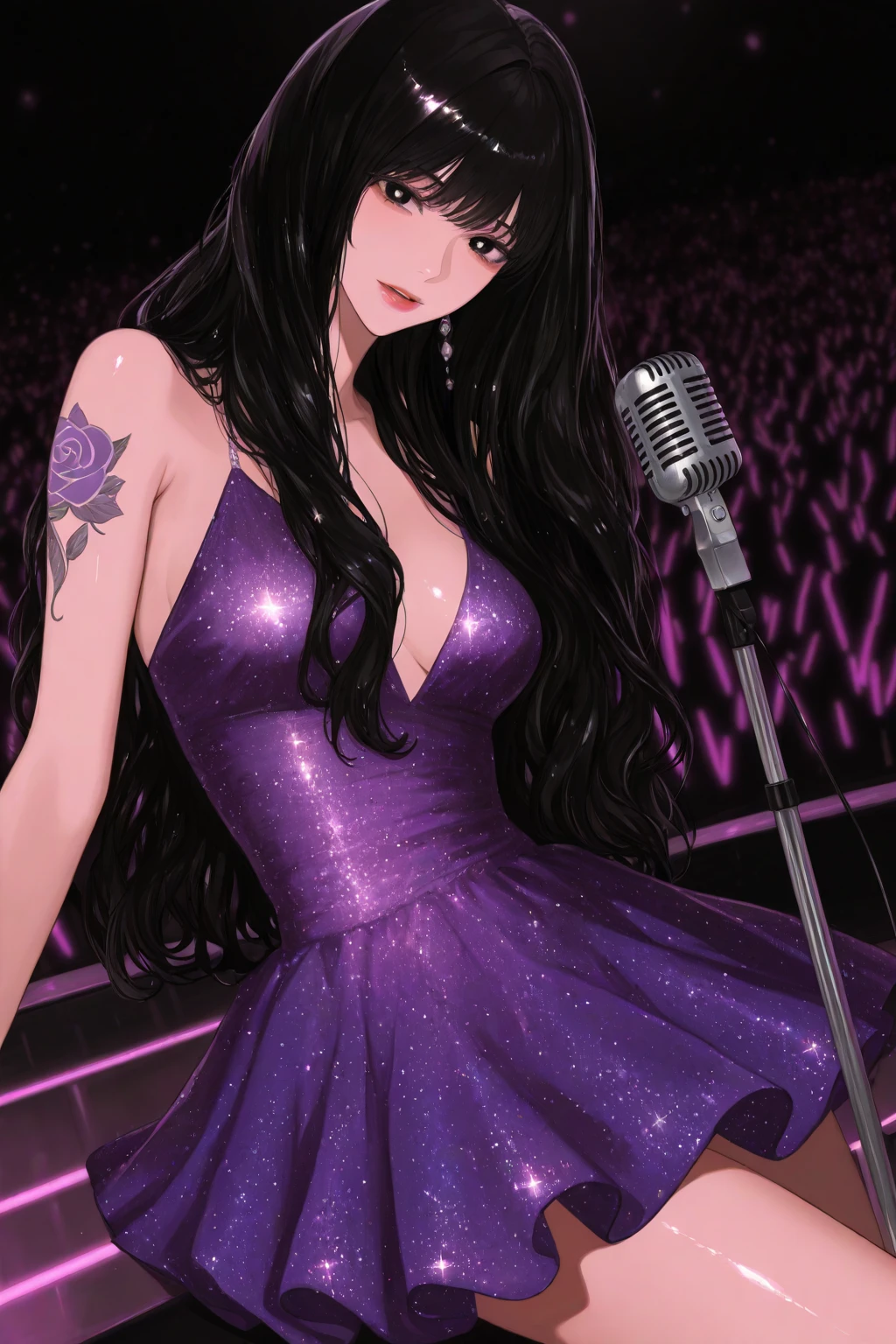Black-haired long-haired high school girl,Purple eyes,Stage Costumes,Blue Dress,Jacket,microphone,Live Stage,Spotlight,smile