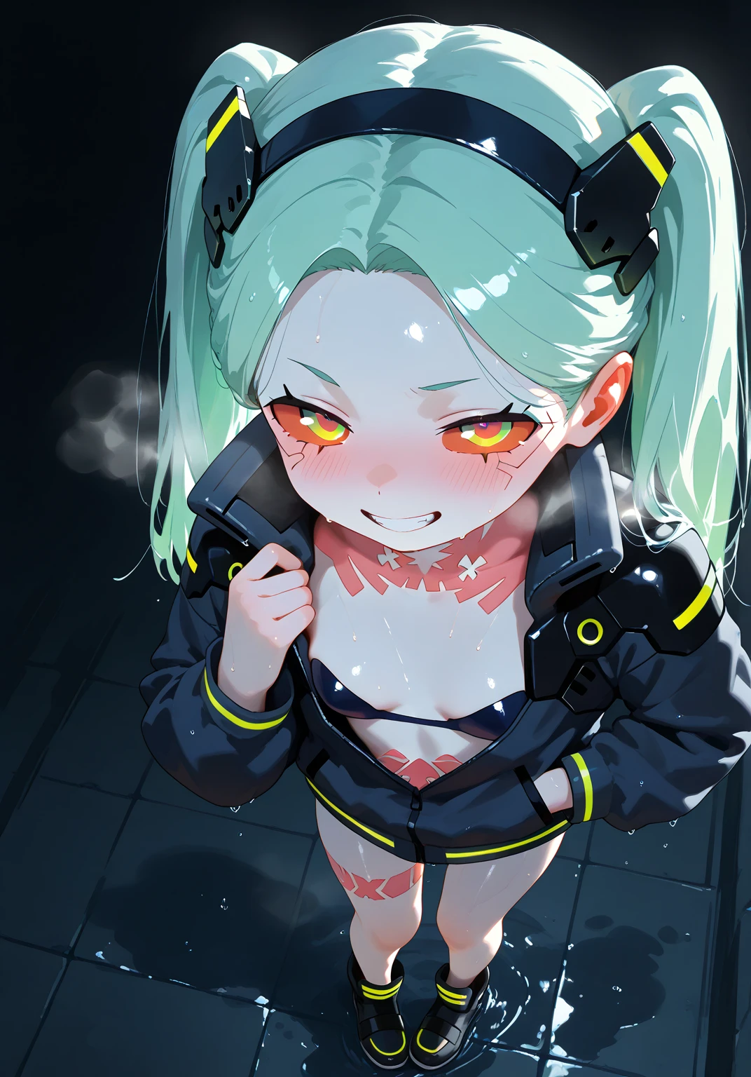 masterpiece, best quality, ultra-detailed, illustration, epic lighting, cinematic composition, 1girl, cute, red sclera,red pupils, cyborgunder, tattoo, green hair, colored skin, small breasts, black jacket, standing, legs apart, enchanting gaze, captivating pose, upper body:1.1, looking at viewer, smirk, closed mouth, outdoors, city, cyberpunk, neon lights, street, (night, dark, darkness, pitch black, shadows:1.4), (8k:1.1),