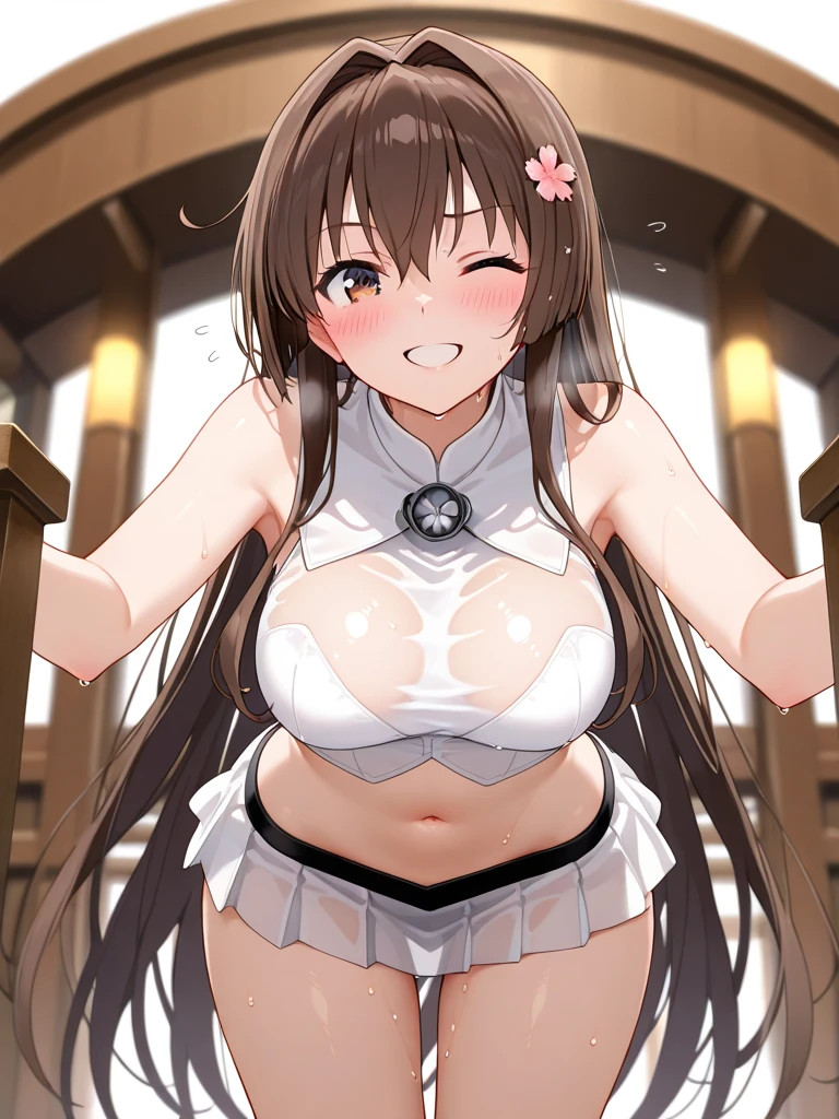 dia kurosawa, long hair, bangs, black hair, hair ornament, green eyes, sidelocks, hairclip, blunt bangs, , empty eyes , large breasts, nipple, Running, , Heavy snowfall area frozen ,(Sweating profusely, Love juice, Wet Woman, female ejaculation), crying mountain Alone, crying, Naked, solo, 1girl, Peeing, lactation, projectile lactation