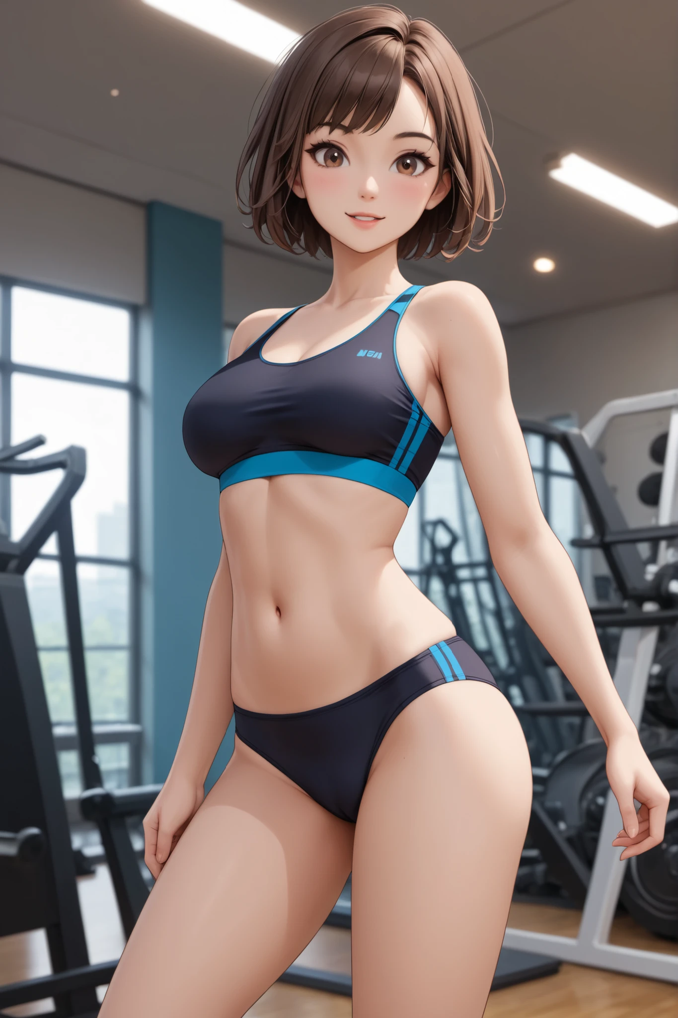 A sexy girl, she has the most giant breasts in the world, she's at the gym, wearing a little dark blue bikini and a dark blue Nike shirt