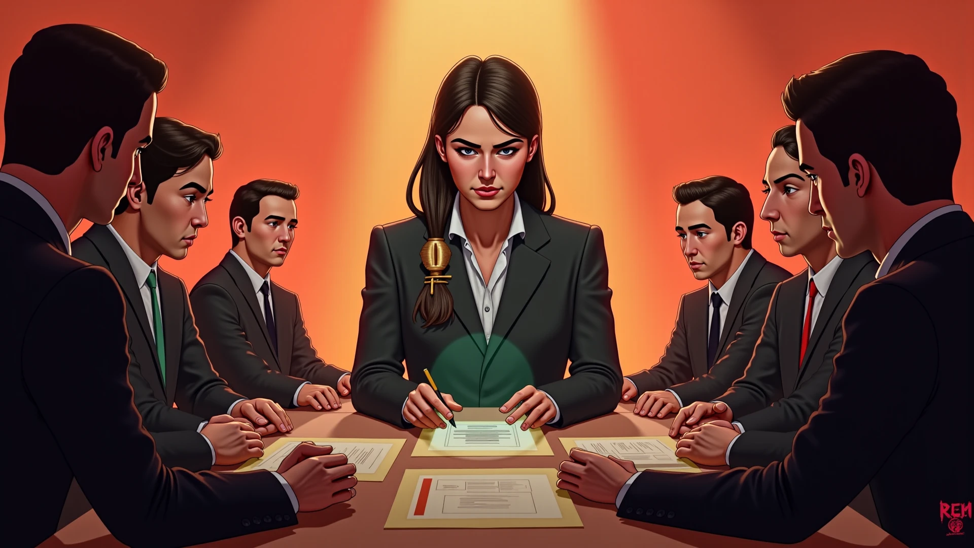 Maria Nieves Bustamante surrounded by men debating