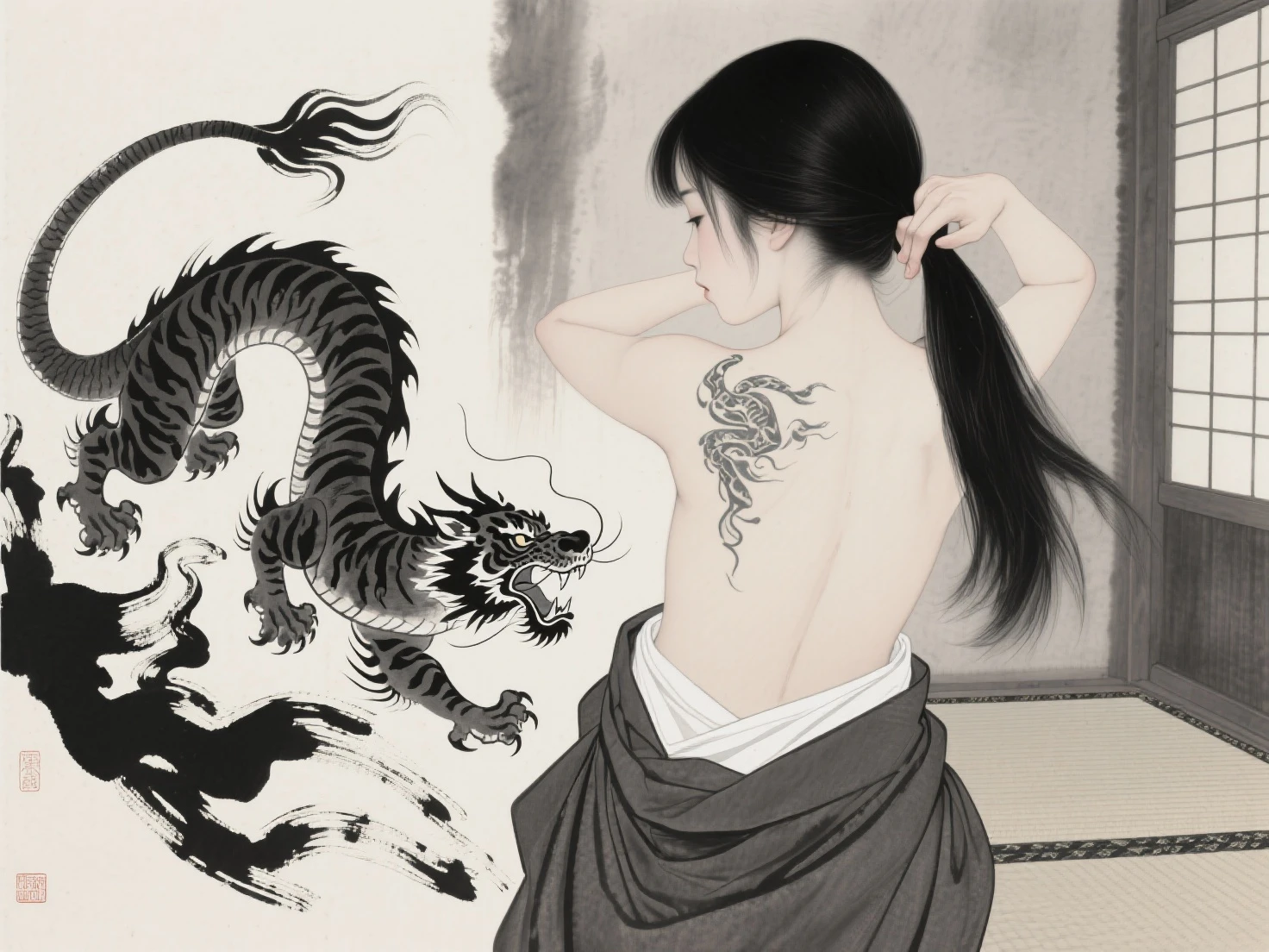 masterpiece, traditional chinese ink painting, 1 girl, long hair, look at viewer, tease, Spirit, loong, dunhuang_style, dunhuang_cloths, UHD Dragon horn, A dragon is flying, 4k, best quality, super detail, award winning, high quality, best quality, high details