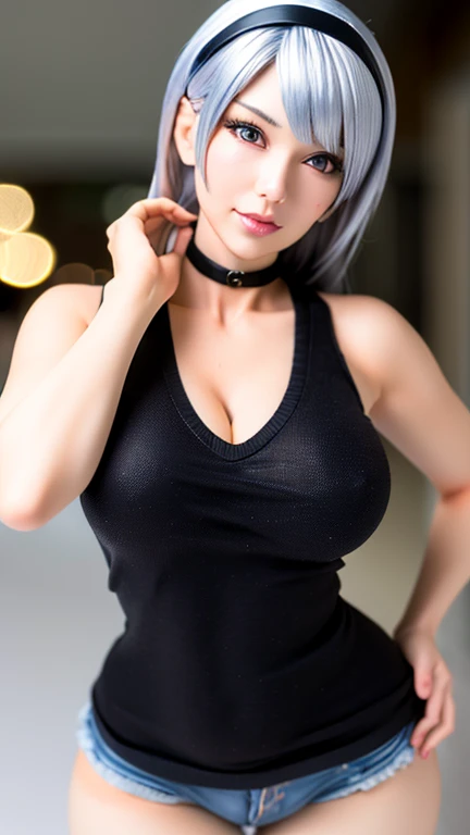best quality, ultra high res, (photorealistic:1.4), 1girl, fitted shirt, black tight skirt, black choker, (faded ash gray hair:1), (huge breasts:1.2), looking at viewer, closeup ,