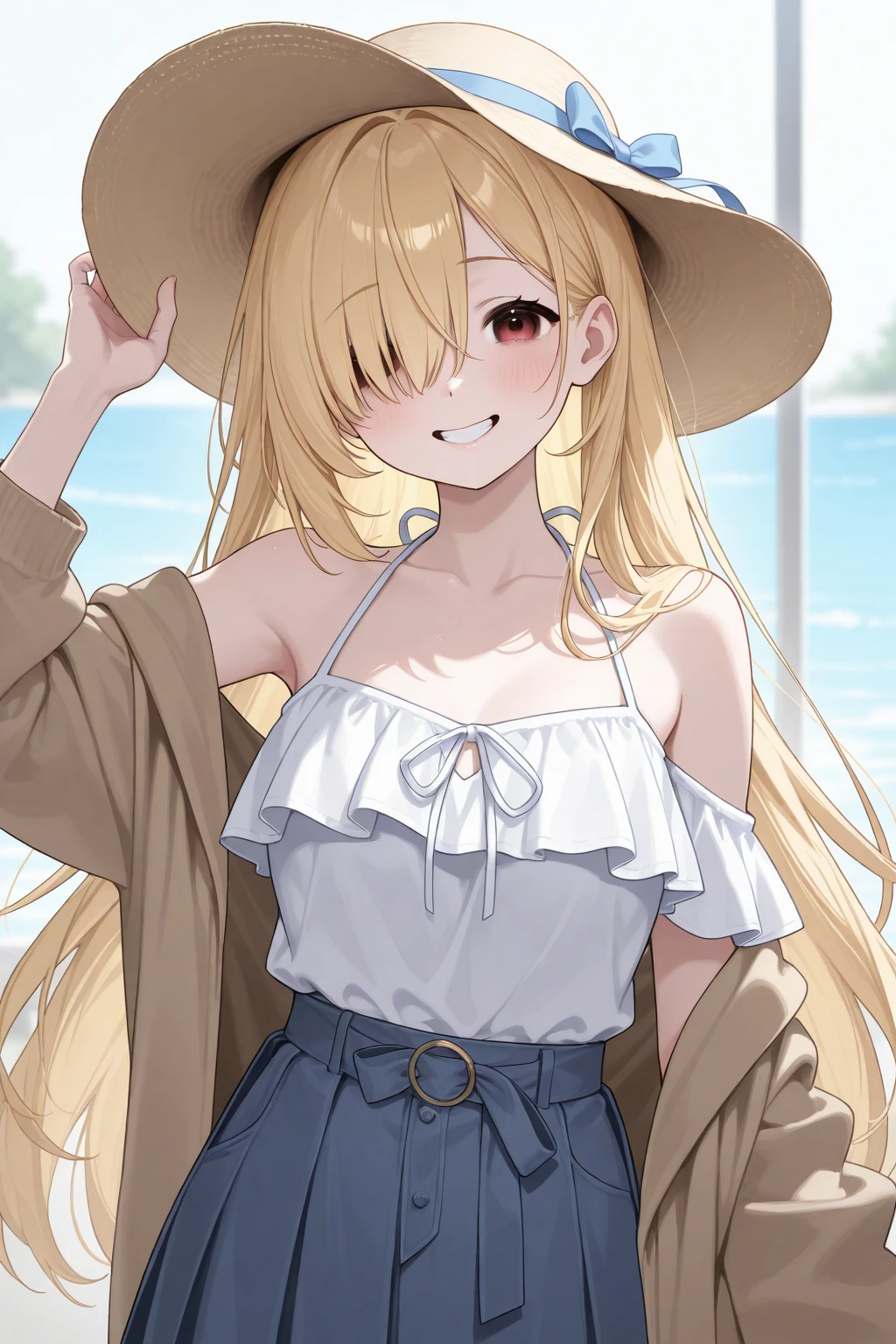 masterpiece, solo girl, (young female body:1.4), (medium small breasts), cowboy shot, flustered, yellow golden hair, extra gold long hair, thick wavy hair, hime cut, blunt bangs, crystal blue eyes, light blue detailed eyes, princess hairstyle, tie up hair, college girl, white jeans, black knotted button up shirt, black tied shirt in the front, cropped knotted beach shirt, long sleeves, standing in the streets background, exposed midriff, cleavage, icecream cone in hand, eating ice cream, black shirt, white shorts