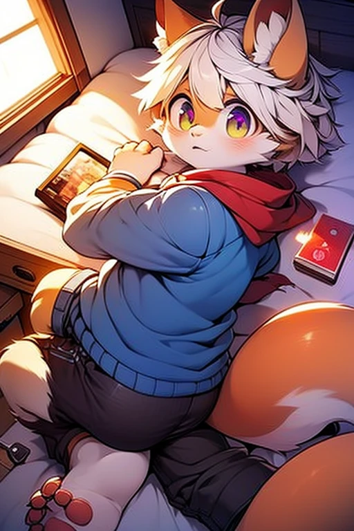 Cat ears,Cat-eared type,Big furry tail,High products,Humanity,Cubs,An only boy,Yellow coat,green shorts,Light blue T-shirt,red color eyes,White hair,the night,solo person,tmasterpiece,High-quality portrait,christmas,Shy,Christmas gifts are placed around,Holding Christmas presents,love heart,Be red in the face