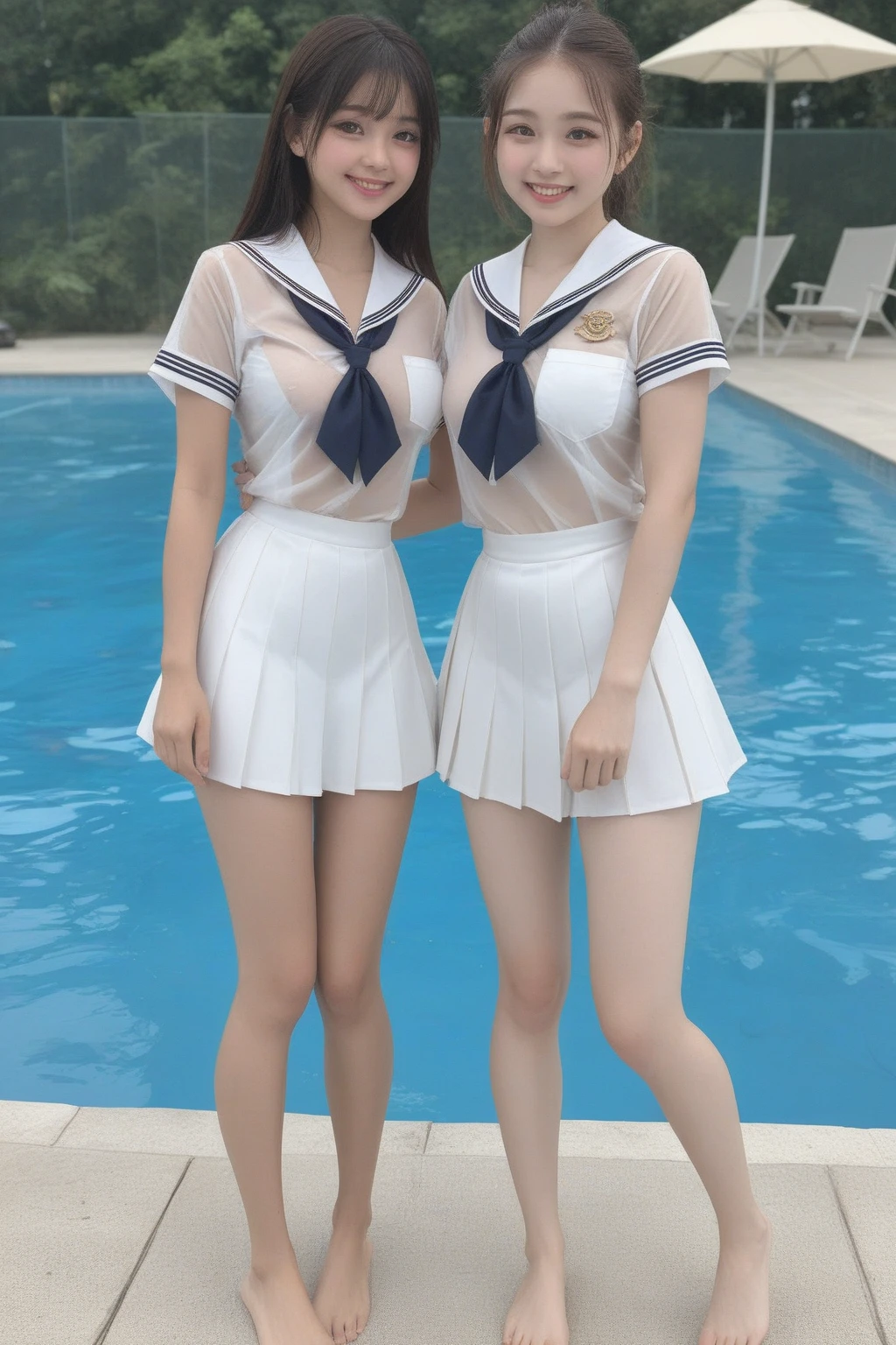 Close-up of a woman in a white shirt and shorts at the pool, ((Best ○f the highest quality, 8K, masterpiece: 1.3, raw photo)), Sharp focus: 1.2, (1. Espa, slim body type female, 21 and/○: 1.1),独奏: 1.2), (Realistic, photo-Realistic:1.37), face focus, Cute face, Finely grained, (Small breasts, thigh: 1.3), short messy hair, updo, (neat business blouse, White panties: 1.4), (standing in the pool: 1.2)