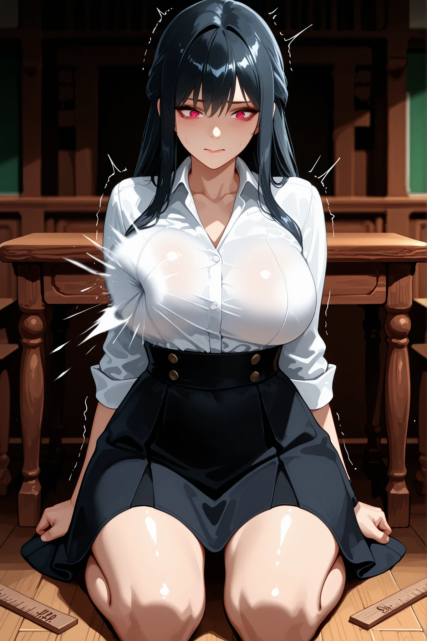 Ultra-detailed anime-style digital art with modern, glossy shading, soft cinematic lighting, and balanced, harmonious colors. In a dimly lit, vintage classroom filled with antique wooden desks, a strict and elegantly dominant anime BDSM mistress stands tall. She wears a tight formal blouse and high-waisted skirt, exuding icy control. Kneeling beside the desk is a nude, submissive female student, her large breasts pushed forward and trembling slightly. The mistress raises a polished wooden ruler mid-air, moments before slapping the student’s breasts—impact both implied and partially shown, with motion blur, light skin distortion, and realistic jiggle physics. Emphasize emotional tension, dominance, and subtle pain-pleasure mix through facial expressions, body posture, and intense eye contact. Nudity is artistic and focused on sensual discipline. Highlight soft shadows, glossy skin, and premium anime-style details throughout the scene.