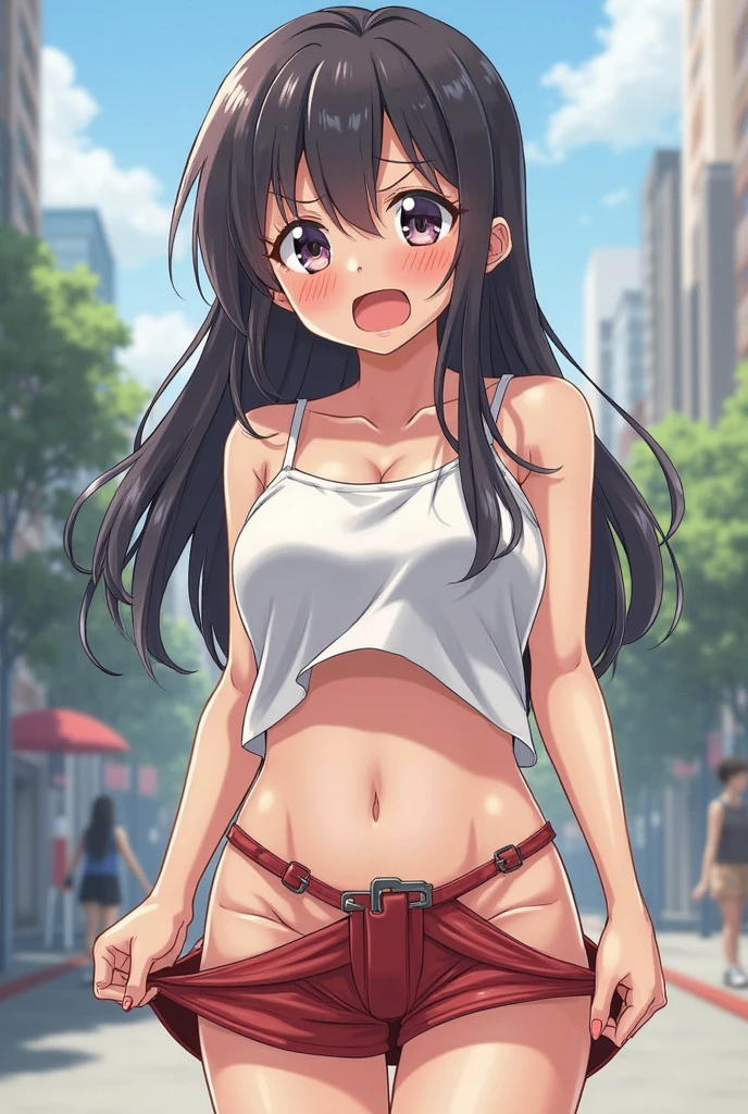 Draw a high school girl wearing a short skirt on her way to school when suddenly her panties slip down her legs. She immediately pulls her panties back up and then her skirt comes undone and falls down. A strong wind blows by and blows her skirt away.