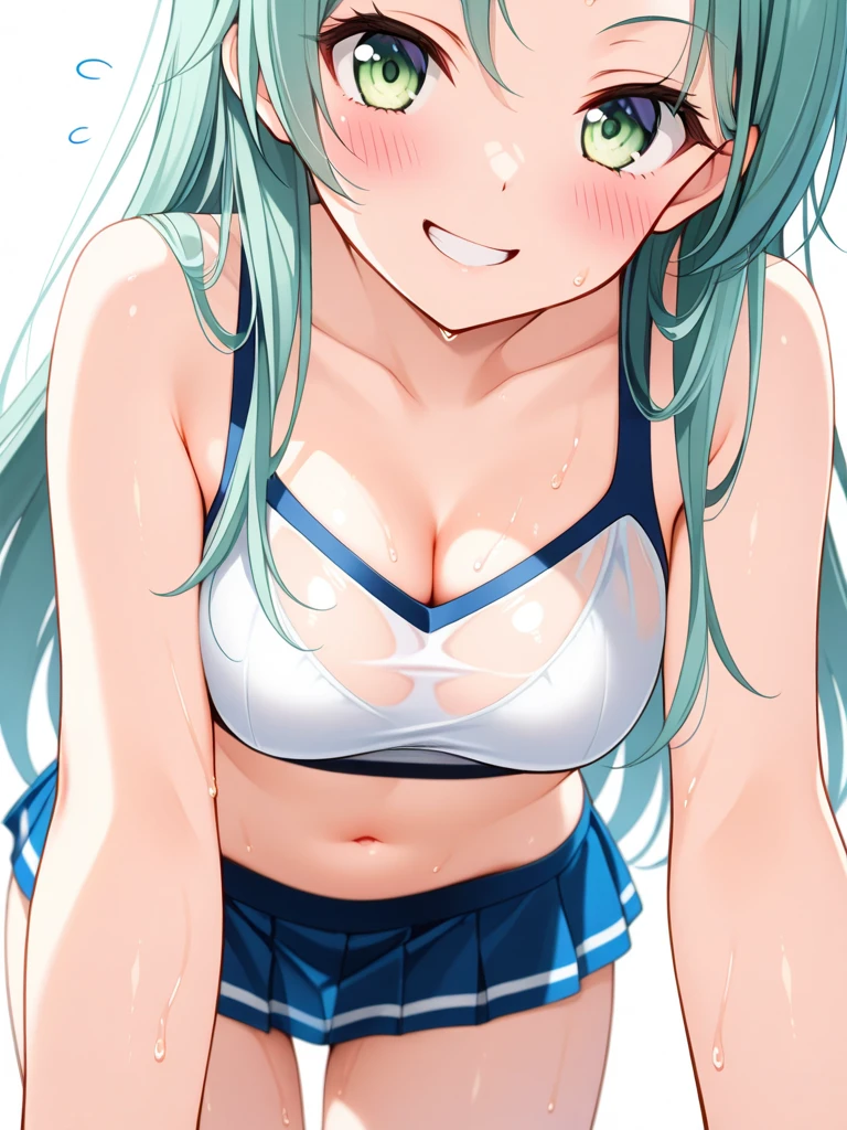 One girl、Standing in front of the house、Light blue hair、blue eyes、Standard bust size、Feeling embarrassed、A little big chest、Wearing a sailor collar、Wearing a green bra、Wearing green panties、Taking off her skirt、Daytime view