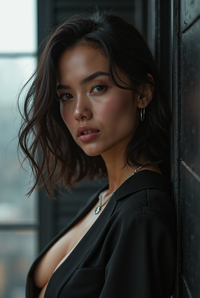 <lora:Olga_Kurilenko:1>, <lora:epiNoiseoffset_v2:0.8> (apterus style:1.3), (dark shot:1.4), 80mm, soft light, sharp, exposure blend, medium shot, bokeh, (hdr:1.4), (film grain:1.23), high contrast, (cinematic, teal and orange:0.85), (muted colors, dim colors, soothing tones:1.3), low saturation, (hyperdetailed:1.2), (noir:0.9),(intricate details, hyperdetailed:1.15), modelshoot style, Close-up comic book illustration of a happy skinny woman, 30 years old, with short black hair, wearing fancy tech jacket standing in an airport, ((hands inside pocket)), dramatic lighting, minimalistic, flat colors, washed colors, dithering, lineart, (detailed background:1.3), old aircraft in background, (full body:1.2), (long legs), (depth of field:1.4), (detailed face:1.1), (photo realistic:1.3), symetrical, octane render, 35mm, bokeh, 9:16, (intricate details:1.12), hdr, (intricate details, hyperdetailed:1.15), (natural skin texture, hyperrealism, soft light, sharp:1.2), (detailed skin:1.2), (detailed skin:1.2),